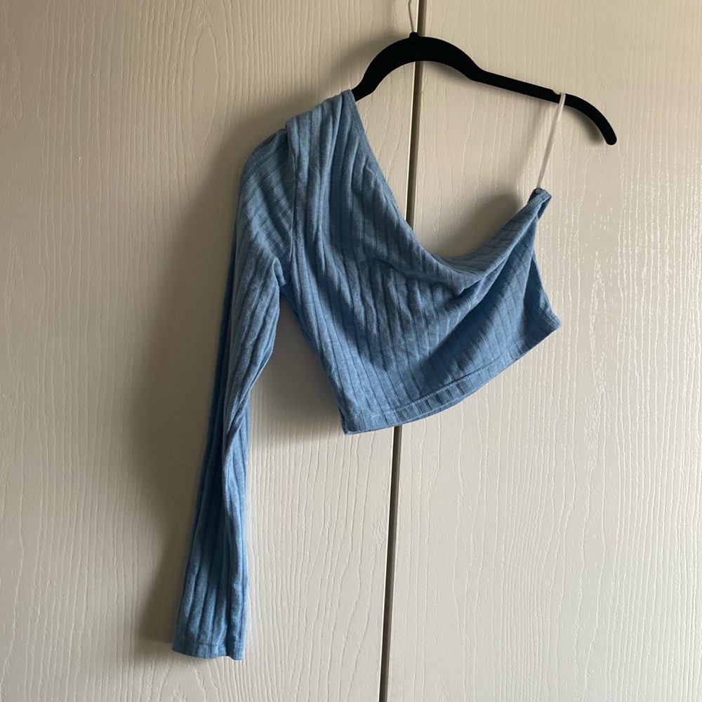 Medium blue SHEIN one sleeve crop top.